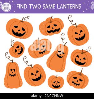 Finde zwei gleiche Jack-o-Laternen. Halloween-Spielspaß für Kinder. Lustiges Lernquiz-Arbeitsblatt für Kinder im Herbst. Einfache druckbare Ga Stock Vektor