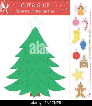 Vector Christmas Cut und Klebstoff Aktivität. Pädagogisches Winterspiel mit niedlichen Spielzeugen, Lebkuchen, Strumpf. Unterhaltsame Aktivität für Kinder. Tanne dekorieren Stock Vektor
