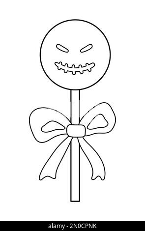 Vector schwarz-weiß süß für Trick-or-Treat-Spiel. Ein gruseliger Geist wie ein Lutscher mit Schleife. Traditionelles Essen für Halloween-Partys. Monster-geformtes Dessert. Rz Stock Vektor