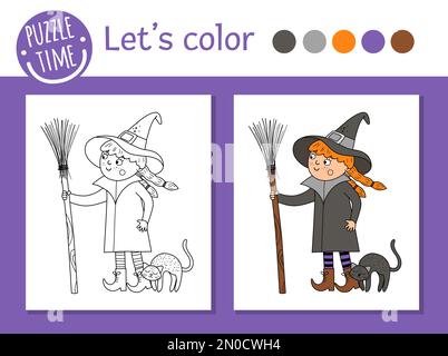 Halloween-Malseite für Kinder. Süße, lustige Hexe mit Besen und Katze. Vektorferien im Herbst. Süßes oder Saures Kleid Party Colo Stock Vektor