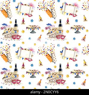 Purim Aquarell festliches Muster mit Feiertagssymbolen. Jüdischer, nahtloser Hintergrund. Maske, Raman, koscherer Wein, Megilat Esther, Kekse, Das ist ein Missgeschick Stockfoto