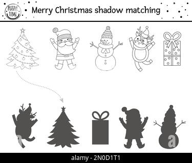 Weihnachtsaktivität mit Schwarz-Weiß-Schatten für Kinder. Winterausmalung. Pädagogisches Spiel für Kinder mit süßem Schneemann, Hirsch, Weihnachtsmann. Suchen Stock Vektor