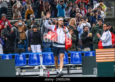 Athen, Lombardei, Griechenland. 5. Februar 2023. STEFANOS TSITSIPAS von Griechenland am 2. Tag des Davis Cup World Group I Play-off zwischen Griechenland und Ecuador im Olympischen Athletikzentrum von Athen „Spiros Louis“ am 5. Februar 2023 in Athen, Griechenland. (Kreditbild: © Stefanos Kyriazis/ZUMA Press Wire) NUR REDAKTIONELLE VERWENDUNG! Nicht für den kommerziellen GEBRAUCH! Stockfoto