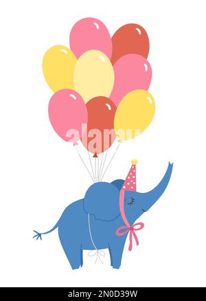 Süßer Vektor-Elefant in einem Partyhut, der auf einem bunten Ballon fliegt. Ein niedliches Tierbild. Lustiger Geburtstagsklick für Karte, Poster, Print de Stock Vektor