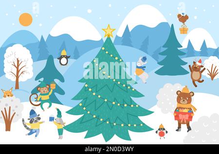 Vektor-Winterwald mit niedlichen Tieren, Tannenbaum, Schnee. Lustige Waldweihnachtszene mit Bär, Eichhörnchen, Affen, Vögeln. Silvester-La Stock Vektor