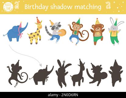 Geburtstagsschattenspiel für Kinder. Lustiges Puzzle mit niedlichen Tieren in Partyhüten. Pädagogisches Spiel zur Weihnachtsfeier für Kinder. Finden Sie den CO Stock Vektor