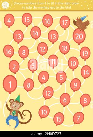 Geburtstagszähllabyrinth für Kinder. Ausdruckbare pädagogische Aktivität im Vorschulalter. Lustiges Partyspiel oder Mathe-Puzzle mit niedlichem Affen und Luftballon Stock Vektor