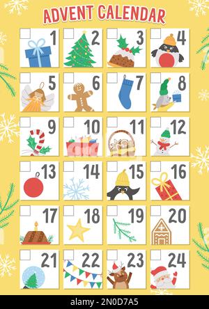 Vector Weihnachtskalender mit traditionellen Feiertagssymbolen. Süßer Winterplaner für Kinder. Festliches Posterdesign mit Weihnachtsmann, Tannenbaum, Dee Stock Vektor