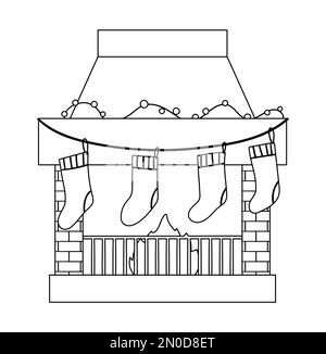 Süßer schwarz-weißer Kamin mit Strümpfen. Weihnachtsfoto mit Kamin und Socken mit Geschenken. Symbol für Winterlinie. Neujahrsdruck oder Farbdruck Stock Vektor