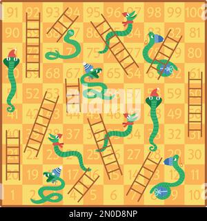 Weihnachtsschlangen und Leitern Brettspiel für Kinder mit niedlichen Tieren. Pädagogisches Spiel mit Schlangen in Hüten und Schals. Lustiger Winterurlaub p Stock Vektor
