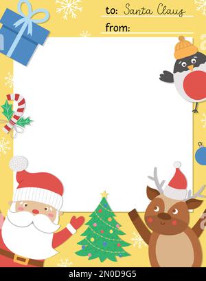 Vorlage für Vektorbrief an den Weihnachtsmann. Niedliches Weihnachtskartendesign. Winterliche Rahmengestaltung für Kinder mit lustigen Figuren. Festlicher Hintergrund mit Platz f Stock Vektor