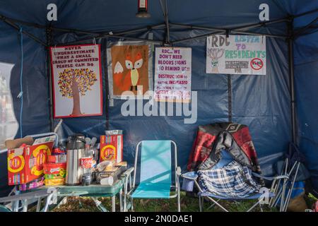 Rochford, Großbritannien. Februar 2023. Innenraum eines blauen Protestzelt in Rochford, Essex, mit selbstgemachten Schildern, die sich gegen Entscheidungen der RDC richten. Poster enthalten Slogans über kommunale Aktionen und lokalen Widerstand. Ein Tisch mit Snacks und Stühlen lässt ein nachhaltiges Engagement der Basis vermuten. Demonstranten von Save Holt Farm Oak Tree protestieren, um eine 100 Jahre alte Eiche zu retten. Der Baum wird voraussichtlich bis April 2023 gefällt. Penelope Barritt/Alamy Live News Stockfoto