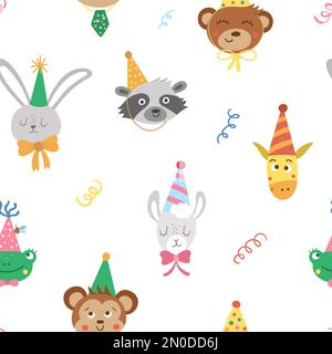 Süßes, nahtloses Geburtstagsmuster mit niedlichen Tierköpfen in Partyhüten und Konfetti. Der Vektorjubiläum wiederholt den Hintergrund. Digitales Festtagspapier mit Stock Vektor