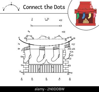 Vektor Weihnachten Punkt-zu-Punkt- und Farbintensität mit niedlichem Kamin und Strümpfen. Die Winterferien verbinden das Dots-Spiel für Kinder. Lustige malerin Stock Vektor