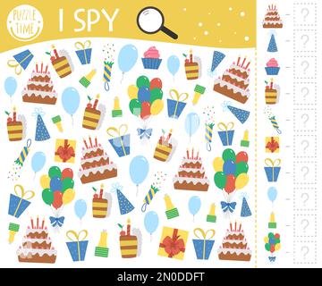 Geburtstag. Ich sehe Kinderspiele. Such- und Zählaktivitäten für Vorschulkinder mit traditionellen Feiertagsobjekten. Lustige Party - Arbeitsblatt zum Ausdrucken Stock Vektor