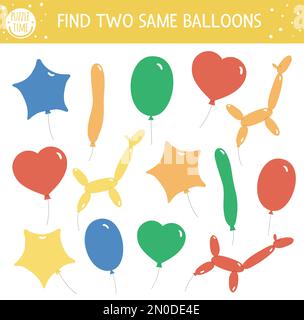 Finde zwei gleiche Ballons. Urlaubsangebot für Kinder. Lustiges informatives Quiz-Arbeitsblatt für Kinder zur Geburtstagsparty. Einfache, bedruckbare Zelle Stock Vektor