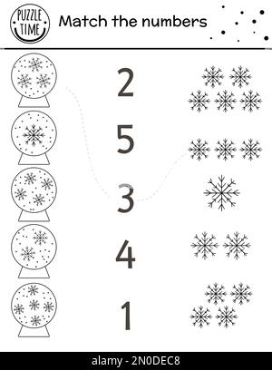 Weihnachtsspiel in Schwarz und Weiß mit Schneekugeln und Schneeflocken. Winterliche Mathematikaktivität für Vorschulkinder. Lehrreiches Neujahr, druckbar c Stock Vektor