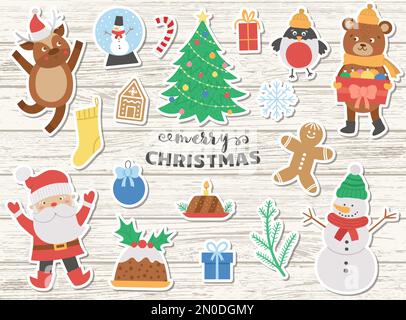 Große Packung Vektor-Weihnachtsaufkleber auf Holzhintergrund. Traditioneller Clipart. Silvester-Kollektion mit Weihnachtsmann, Hirsch, Tannenbaum, Geschenk. Im Winter Stock Vektor