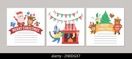 Niedliche Weihnachtskarten mit Weihnachtsmann, Hirsch, Schornstein, Geschenk. Design-Vorlagen für den Vektor-Winter-Druck. Banner oder Poster für die Neujahrssaison Stock Vektor