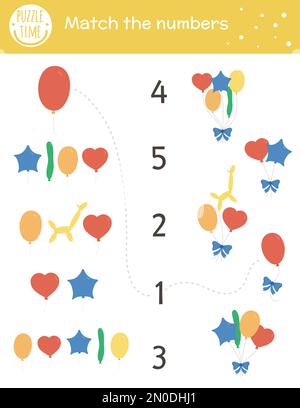 Geburtstagsspiel mit bunten Ballons. Mathematikaktivität im Vorschulalter. Ausdruckbares Arbeitsblatt zum Auszählen der Bildungsfeier mit Stock Vektor