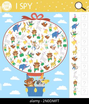 Geburtstag. Ich sehe Kinderspiele. Such- und Zählaktivität für Vorschulkinder mit süßen Tieren, die im Heißluftballon fliegen. Komischer Partyprintabl Stock Vektor
