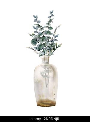 Aquarellgrüne Eukalyptusäste in Glasflaschenvase. Handgezeichnete realistische Darstellung isoliert auf weißem Hintergrund. Stockfoto