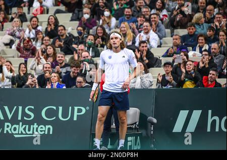 Athen, Lombardei, Griechenland. 5. Februar 2023. STEFANOS TSITSIPAS von Griechenland am 2. Tag des Davis Cup World Group I Play-off zwischen Griechenland und Ecuador im Olympischen Athletikzentrum von Athen „Spiros Louis“ am 5. Februar 2023 in Athen, Griechenland. (Kreditbild: © Stefanos Kyriazis/ZUMA Press Wire) NUR REDAKTIONELLE VERWENDUNG! Nicht für den kommerziellen GEBRAUCH! Stockfoto