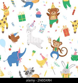 Nahtloses Vektormuster mit fröhlichen Tieren in Partyhüten. Geburtstagsfeier wiederholt den Hintergrund. Vector Holiday Digitalpapier mit Hell Stock Vektor