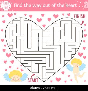 Valentinstag-Labyrinth für Kinder in Herzform. Ausdruckbare pädagogische Aktivität im Vorschulalter. Lustiges Spiel mit süßen Ameisen. Romantisches Puzzle w Stock Vektor