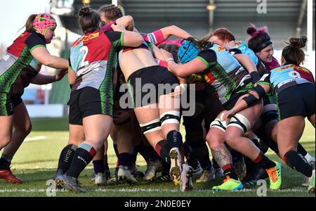 London, Großbritannien. 05. Februar 2023. Twickenham, stoop ENGLAND : Match-Action während des Spiels der Allianz der Frauen Premiership 15 zwischen Harlequins und Loughborough Lightning Twickenham Stoop Stadium England 5–02-2023 Kredit: PATRICK ANTHONISZ/Alamy Live News Stockfoto