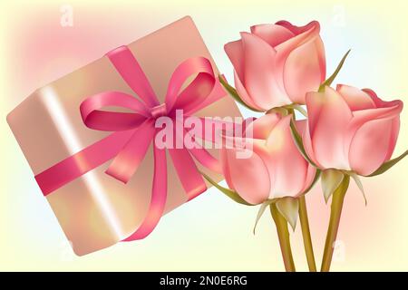 Drei Rosen und eine Geschenkbox auf hellem Hintergrund. Universeller Urlaubshintergrund. Vektorbild. Stock Vektor
