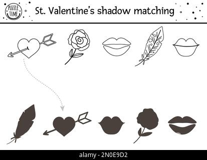 Farblich abgestimmte Aktivität zum valentinstag für Kinder. Lustiges Puzzle mit niedlichen Weihnachtssymbolen. Pädagogisches Spiel für Kinder Stock Vektor