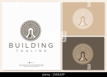 Linienarchitektur Gebäude Logo Designvorlage. Sun-Town-Logo-Vektor. Stock Vektor