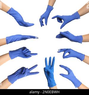 Schützen Sie Ihre Hände - tragen Sie Gummihandschuhe. Fotos in Collage auf weißem Hintergrund Stockfoto