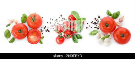 Set aus reifen roten Tomaten, grünen Basilikumblättern, Knoblauch und Paprika auf weißem Hintergrund, Draufsicht Stockfoto