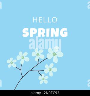 Hello Spring Text Vektorbanner Grußdesign mit Blumenzweig auf blauem Hintergrund. Vektordarstellung. Stock Vektor