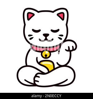 Maneki Neko sitzt in Meditation, Zeichentrickfilm. Süße, lustige weiße Katze meditiert in Lotusposition. Vektor-Clip-Art-Illustration. Stock Vektor