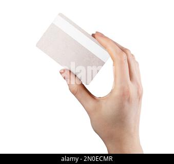 Rückseite der Bankkarte in der Hand. Mit Kreditkarte, Rückansicht isoliert auf weißem Hintergrund. Hochwertiges Foto Stockfoto