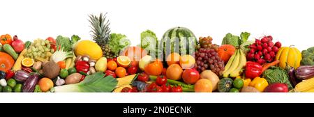 Sammlung von frischem Bio-Gemüse und Obst auf weißem Hintergrund. Bannerdesign Stockfoto