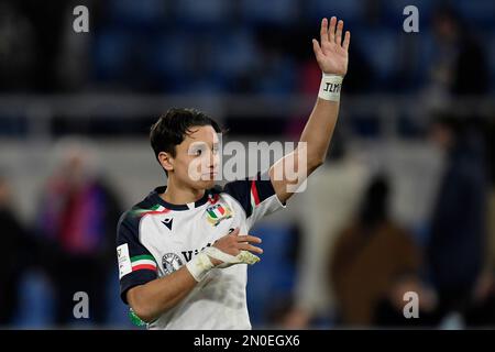 Rom, Italia. 05. Februar 2023. Ange Capuozzo von Italien während des sechs-Nationen-Rugbyspiels zwischen Italien und Frankreich im Stadio Olimpico in Rom am 5. Februar 2023. Foto: Antonietta Baldassarre/Insidefoto Credit: Insidefoto di andrea staccioli/Alamy Live News Stockfoto