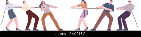 Büroteams ziehen Seile. Konkurrierende Geschäftsgruppen, soziale Konflikte zwischen Menschen. Firmenwettbewerb, Person im Anzug ziehen Schlepper Kicky Vektorkonzept Stock Vektor