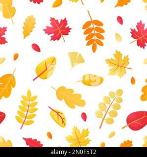 Herbstlaub sorgt für eine nahtlose Textur. Gelbrot 3D Blatt, Ahorn und Eiche Laubmuster. Saisonale Waldelemente im Herbst, Naturvektorhintergrund Stock Vektor