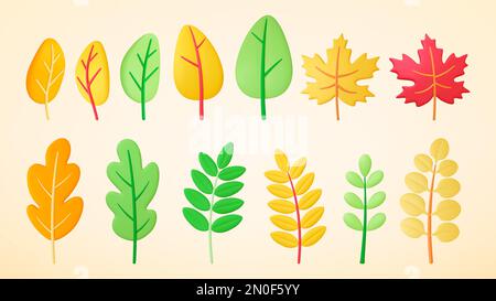 Abstract 3D Blätter und Bäume. Naturrealistische Plastikelemente, grüner gelber Baum. Eichen- und Ahornblätter, verschiedene Herbst- und Sommervektorzweige Stock Vektor