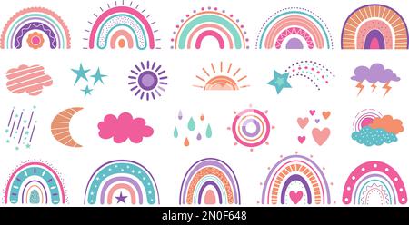 Boho Wetterelemente, Regenbogen und Wolken. Farbenfrohe Zeichentrickfilme, dekorative Babyaufkleber. Niedliche Elemente für Tagebücher oder Notizen Dekor, anständiger Vektor Stock Vektor