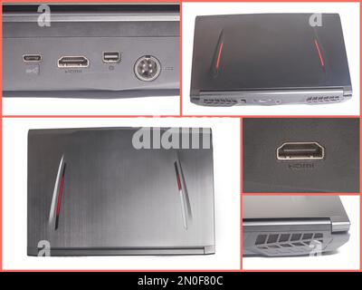 Collage mit Laptop, isoliert auf weißem Hintergrund. Stockfoto