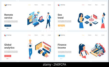 SEO-Trends, Finanzertragsanalyse, globale Analysen setzen Vektordarstellung. Cartoon kleine Menschen arbeiten mit einem Dashboard von Remote-Geräten und überwachen Datenstatistiken auf digitalen Plattformen und Diensten Stock Vektor