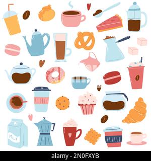 Große Auswahl an Kaffeeartikeln wie Kaffeemaschine, Tassen, Bäckerei, Milch. Handgezeichnete Ikonen im flachen Cartoon-Stil. Stock Vektor