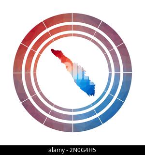 Sumatra-Abzeichen. Helles, verlaufendes Logo der Insel in niedriger Poly-Form. Mehrfarbiges abgerundetes Sumatra-Schild mit Karte im geometrischen Stil für Ihre Infografiken. Stock Vektor