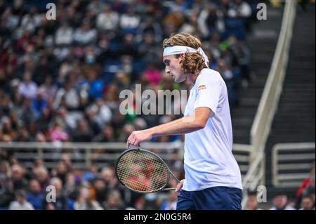 Athen, Lombardei, Griechenland. 5. Februar 2023. STEFANOS TSITSIPAS von Griechenland am 2. Tag des Davis Cup World Group I Play-off zwischen Griechenland und Ecuador im Olympischen Athletikzentrum von Athen „Spiros Louis“ am 5. Februar 2023 in Athen, Griechenland. (Kreditbild: © Stefanos Kyriazis/ZUMA Press Wire) NUR REDAKTIONELLE VERWENDUNG! Nicht für den kommerziellen GEBRAUCH! Stockfoto