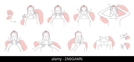 Hautpflege von Gesichtshaut Schritte Liniensymbole Vektordarstellung festlegen. Handgezeichnete Mädchen in Handtüchern massieren Gesichtshaut mit Serum, weibliche Figuren mit kosmetischem Schönheitsprodukt in einer Flasche mit Pipette Stock Vektor